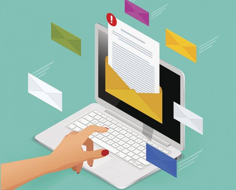 Incoming email isometric vector concept. Receiving messages. Laptop with envelope and document on a screen. Email, email marketing, internet advertising concepts.