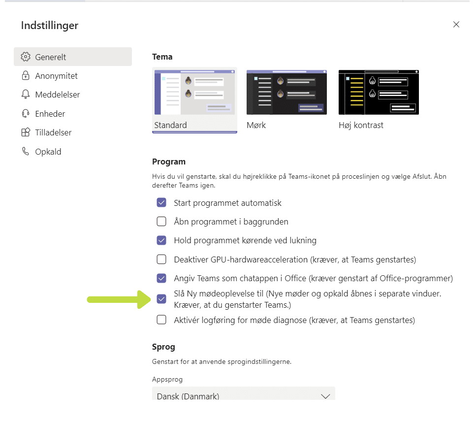 Indstillinger i MS teams