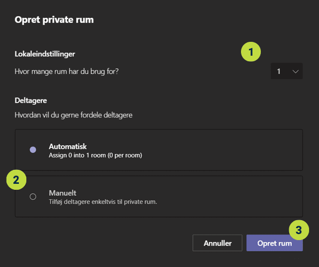 Vælg antal rum og om deltagere skal flyttes til rum automatisk