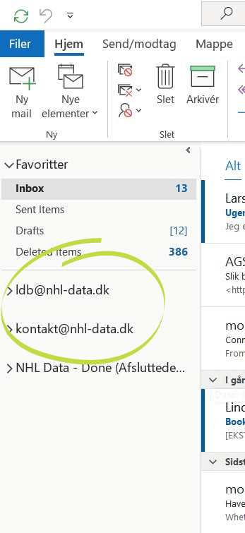 I venstremenuen af Outlook finder du dine e-mail indbakker.