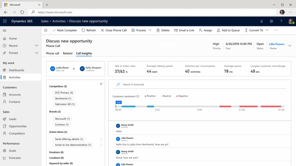 Skærmbillede fra Microsoft Dynamics 365 Sales