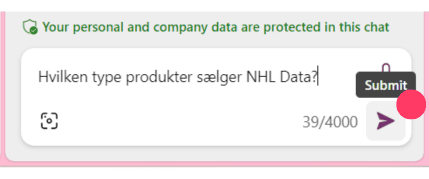 Start med at stille et spørgsmål til Copilot og klikke Submit