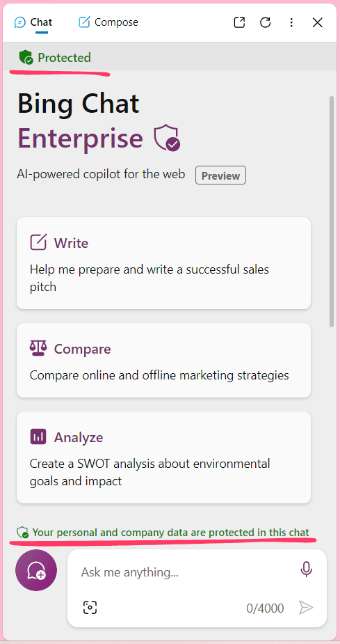 Med Copilot i Edge er dine personlige data beskyttet. De deles ikke med hverken Microsoft eller andre. 