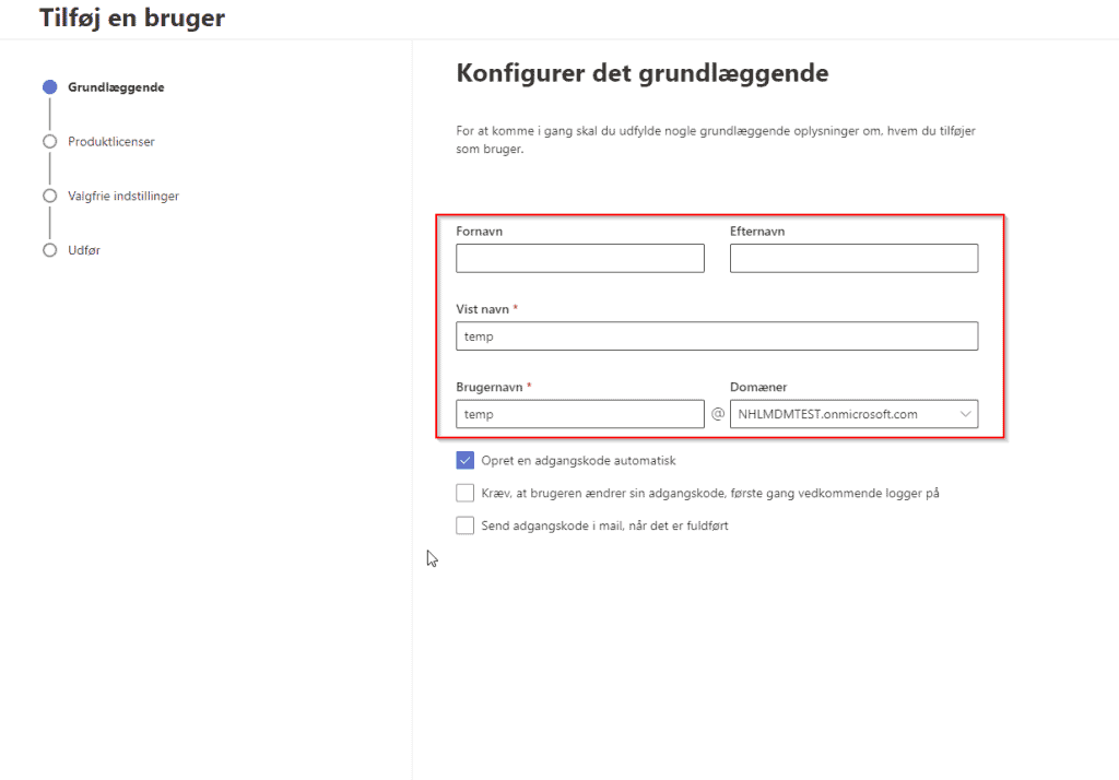 M365 administrations modul - udfyld login information til O365